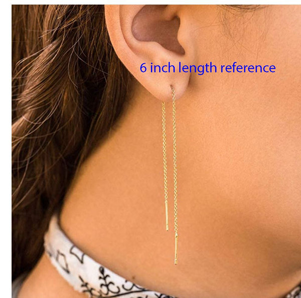 1 Pair Real 18K Yellow Gold Plated 925 Sterling Silver Threader Earrings, Pull Through Dangle Cable Chain with Bar Pin Drop, Length Selections: 2/3/4/5/6 Inch