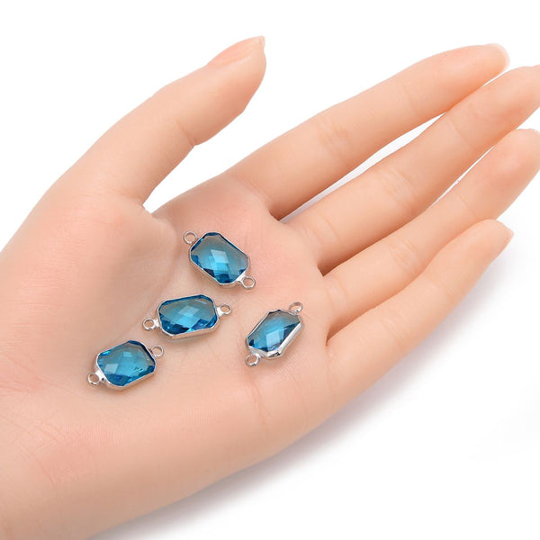 10pcs Grade A March Aquamarine Blue Birthstone Rectangle Radiant Cut Links, Sterling Silver Plated Brass, 14mm, CCP12-S3