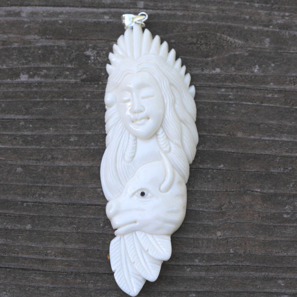 1pc Beautiful Buffalo Princess Hand Carved White Buffalo Bone Drop Pendant, Symbol of Strength Prosperity Pendant, with Sterling Silver Bail, 2.8 Inch, BP-78