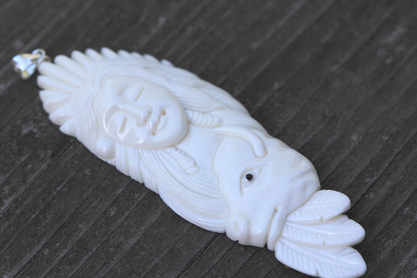 1pc Beautiful Buffalo Princess Hand Carved White Buffalo Bone Drop Pendant, Symbol of Strength Prosperity Pendant, with Sterling Silver Bail, 2.8 Inch, BP-78