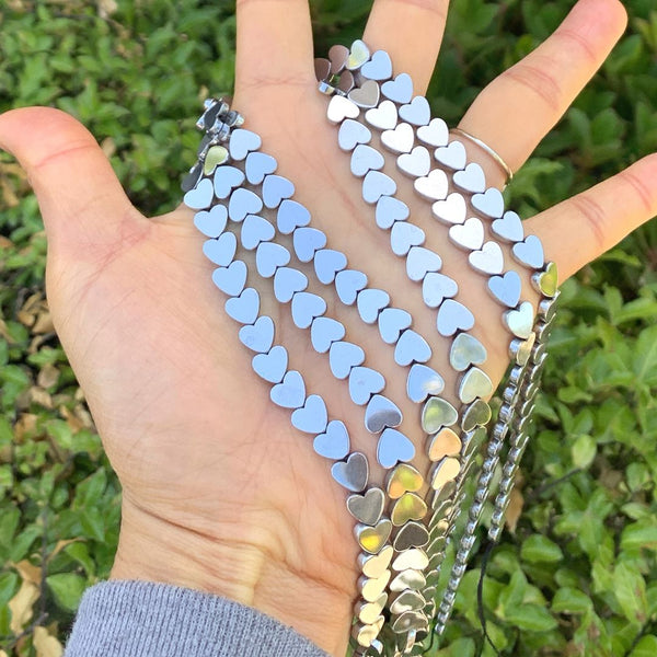 Grade A Natural Hematite Gemstone Heart Beads, White Gold Plated, 15 Inch/1 Strand, 8mm, Hole ID 1mm, GFC-F5