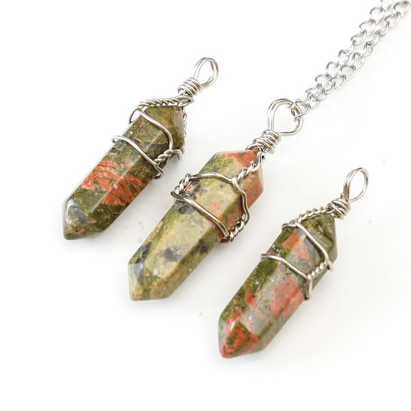 1pc Natural Unakite Jasper Gemstone Pendant Necklace, 18 Inch Surgical Stainless Steel Chain, GGP-E7