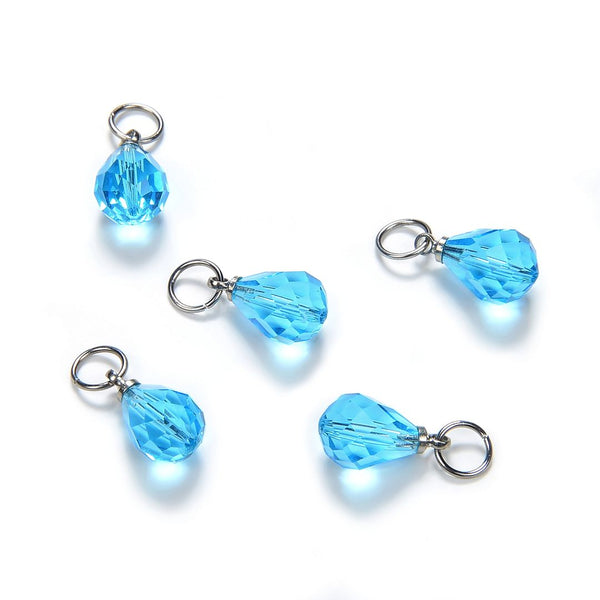 5pcs March Birthstone Charm Drops, 10mm Aquamarine Blue Austrian Teardrop Crystal Beads, Sterling Silver Plated Open Jump Rings, BR6-3