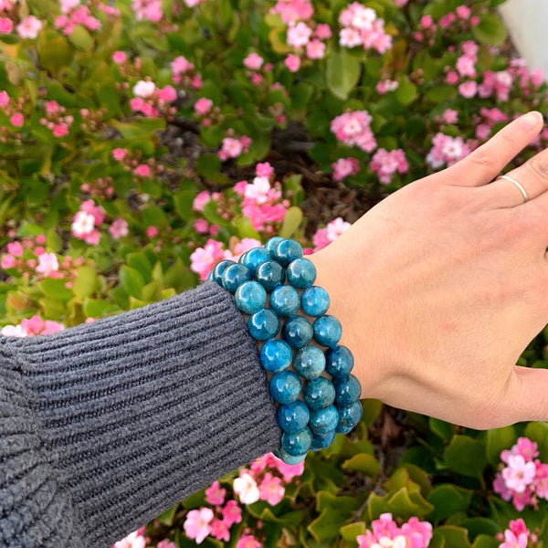 1 Strand Stretch Natural Blue Apatite Beaded Gemstone Bracelet, 10mm Bead, Length Selections: 7 inch/7.5 inch/8 inch/8.5 inch