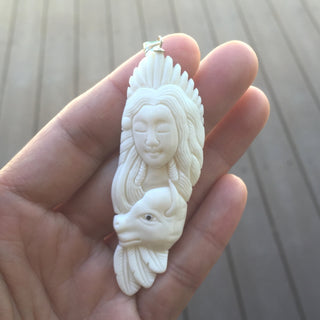 1pc Beautiful Buffalo Princess Hand Carved White Buffalo Bone Drop Pendant, Symbol of Strength Prosperity Pendant, with Sterling Silver Bail, 2.8 Inch, BP-78