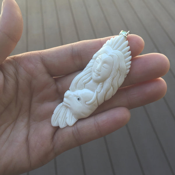 1pc Beautiful Buffalo Princess Hand Carved White Buffalo Bone Drop Pendant, Symbol of Strength Prosperity Pendant, with Sterling Silver Bail, 2.8 Inch, BP-78