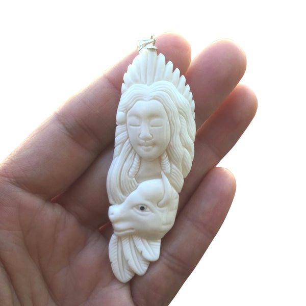 1pc Beautiful Buffalo Princess Hand Carved White Buffalo Bone Drop Pendant, Symbol of Strength Prosperity Pendant, with Sterling Silver Bail, 2.8 Inch, BP-78