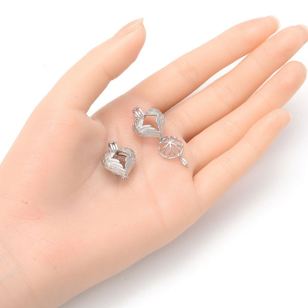 1pc 925 Sterling Silver Angel Wings Heart Bead Cage, Tarnish Resistant, Used for 6 - 8mm Bead Pearl Stone Pendant, SS391