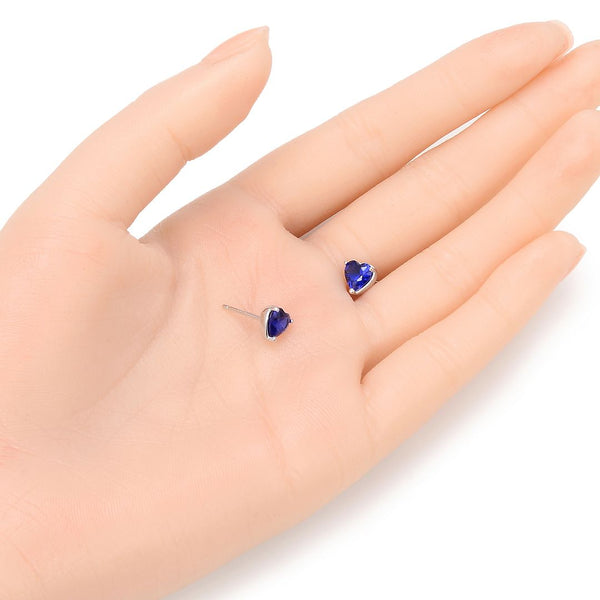 1 Pair 925 Sterling Silver September Love Heart Birthstone Stud Earrings, 6mm/0.84 Carat Cubic Zirconia CZ Blue Sapphire Stone, SSE79-9