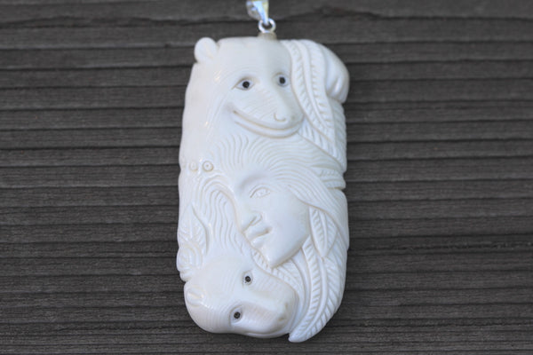 1pc Beautiful Two Husky Goddess Hand Carved White Buffalo Bone Drop Pendant, Symbol of Strength Prosperity Pendant, with Sterling Silver Bail, 2.2 Inch, BP-79