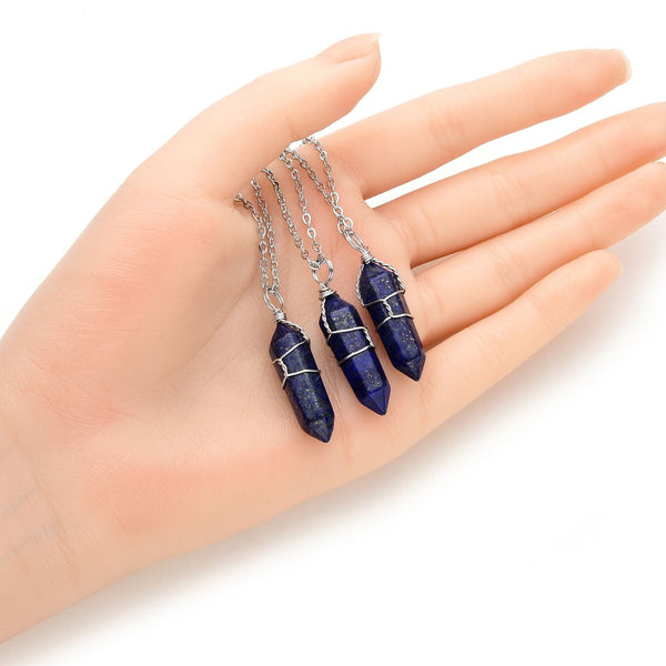 1pc Natural Blue Lapis Lazuli Gemstone Pendant Necklace, 18 Inch Surgical Stainless Steel Chain, GGP-E2
