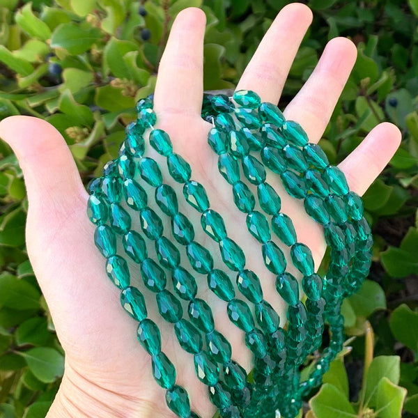 120pcs Creative Club Faceted Teardrop Crystal Glass Beads, Center Drilled, Emerald Green, 12x8mm, Hole ID 1mm, CCT-1224