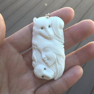 1pc Beautiful Two Husky Goddess Hand Carved White Buffalo Bone Drop Pendant, Symbol of Strength Prosperity Pendant, with Sterling Silver Bail, 2.2 Inch, BP-79