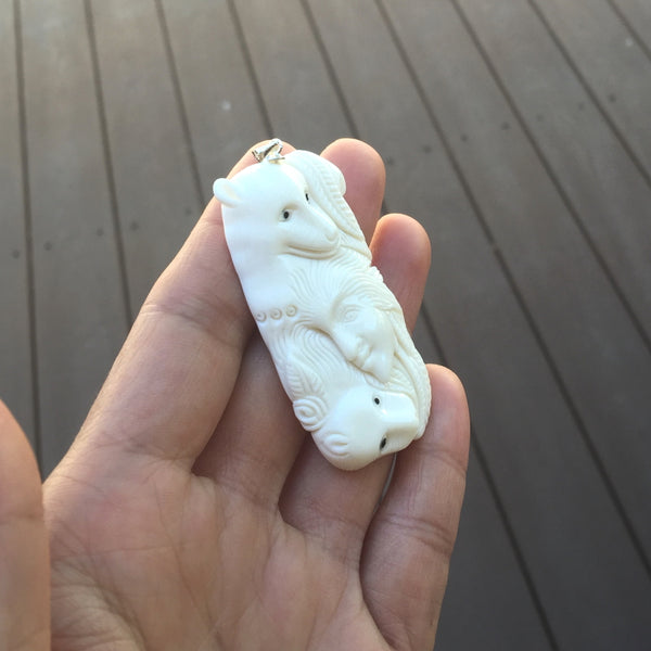 1pc Beautiful Two Husky Goddess Hand Carved White Buffalo Bone Drop Pendant, Symbol of Strength Prosperity Pendant, with Sterling Silver Bail, 2.2 Inch, BP-79