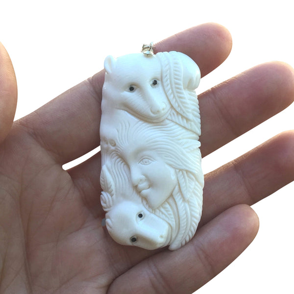 1pc Beautiful Two Husky Goddess Hand Carved White Buffalo Bone Drop Pendant, Symbol of Strength Prosperity Pendant, with Sterling Silver Bail, 2.2 Inch, BP-79