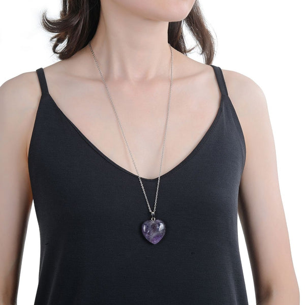 1pc You Are My Only Love Necklace, Natural Purple Amethyst Crystal Gemstone Large Heart Pendant, 26 Inch Surgical Stainless Steel Chain, GGP8-B9