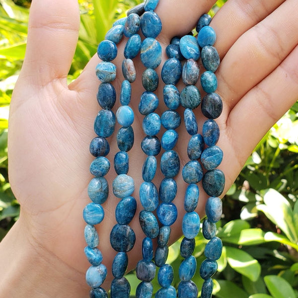 Natural Blue Apatite Gemstone Oval Tumbled Pebble Beads, Irregular, 8mm to 10mm, Hole ID 1mm, 15 Inch/1 Strand, GZ12-18