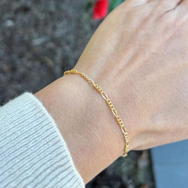 1pc Real 1/20 14K Gold Filled 2.2mm Dapped Figaro Link Chain Bracelet, 6.5 Inch with 1 Inch Extender, JB-21