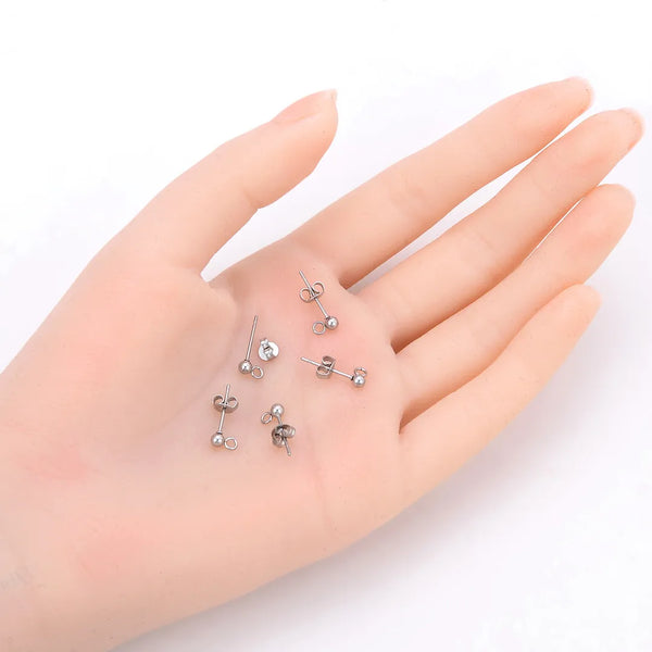 100pcs 304 Surgical Stainless Steel Ball Earring Posts with Open Ring & Earnut Backs (3mm/4mm/5mm)