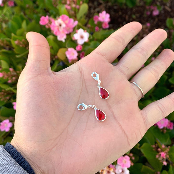 2pcs Clip On Dangle January Red Birthstone Charm Drops, Tarnish Resistant, Sterling Silver Plated Lobster Clasp, BL7-1