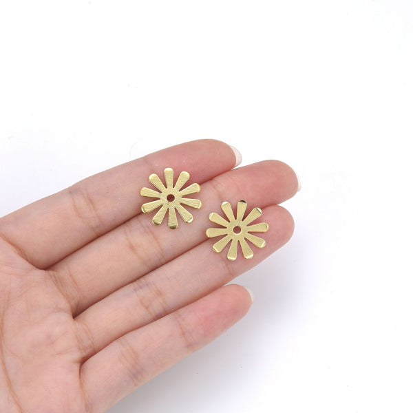 10pcs 18mm 10-Petal Flower Links, Tarnish Resistant, 18K Yellow Gold Plated Brushed Brass, BF-B7