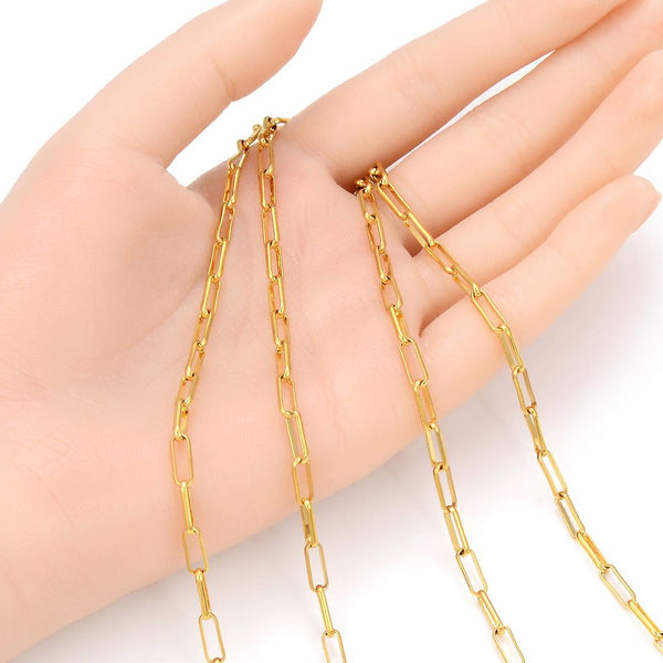 16.5 Feet Tarnish Resistant Paperclip Cable Chain Link, 24K Yellow Gold Plated, Long Lasting, Size Selections: 6.7x2.3mm, 7.4x3.4mm, 9.6x3.5mm