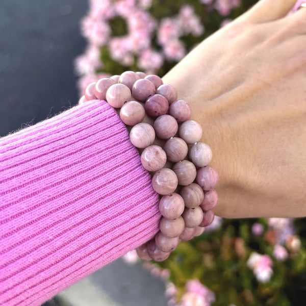 1 Strand Stretch Natural Pink Rhodonite Beaded Gemstone Bracelet, 8mm Bead, Length Selections: 7 inch/7.5 inch/8 inch/8.5 inch