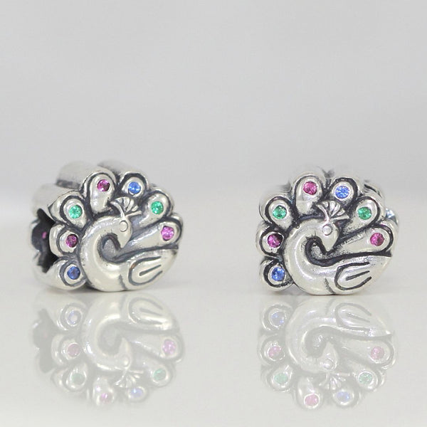 1pc Solid 925 Sterling Silver Peacock Cubic Zirconia Gemstone Charm Bead, Compatible with Pandora All Other Charm Bracelets, EC2-P1
