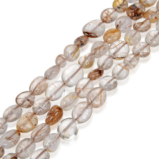 Natural Brown Copper Rutilated Quartz Gemstone Oval Tumbled Pebble Beads, Irregular, 8mm to 11mm, Hole ID 1mm, 15 Inch/1 Strand, GZ12-34