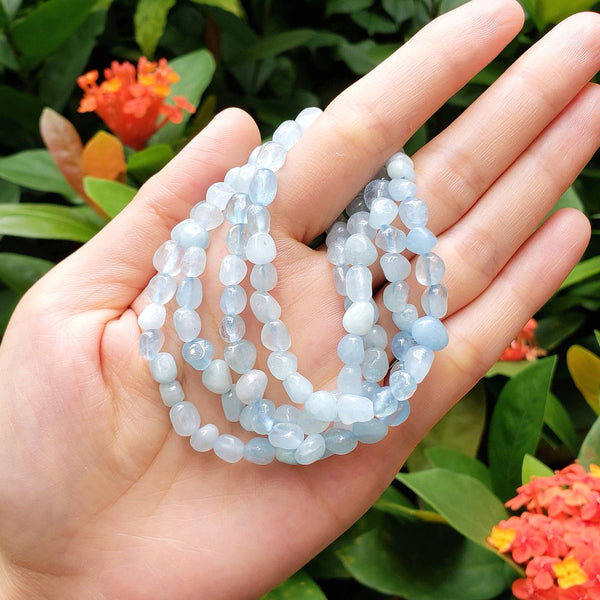1 Strand Stretch Natural Blue Aquamarine Free Form Gemstone Bracelet, 5-8mm Small Beads, Length Selections: 7 inch/7.5 inch