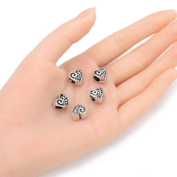 20pcs Love Heart Large Hole Beads, Hole ID 4.5mm, Antique Silver, Zinc Alloy Metal, MEC-B5