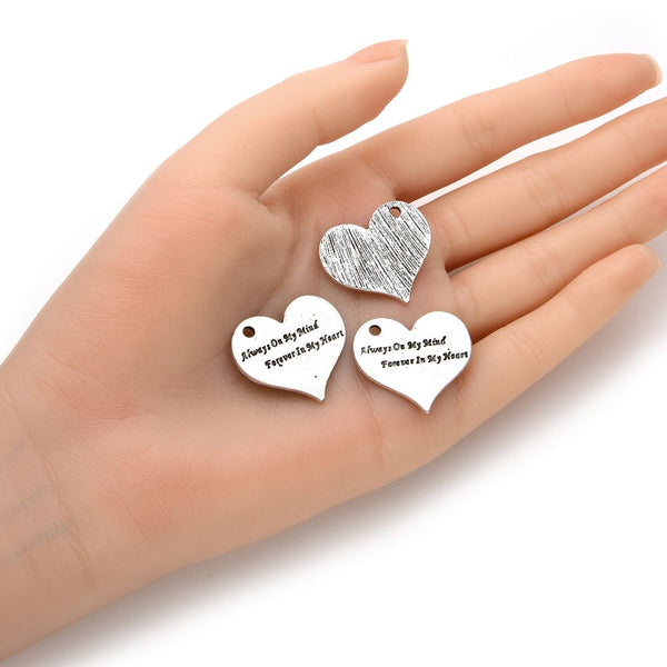 20pcs Always On My Mind Heart Charms, 25mm Large One Sided Heart Drop Pendants, Antique Silver, MC-D30