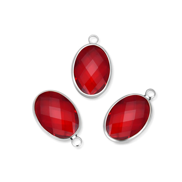 10pcs Grade A January Siam Red Oval Birthstone Charm Drops, Sterling Silver Plated Brass, 18x13mm, CCP6-S1