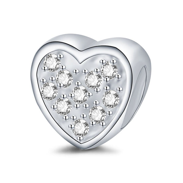 1pc 925 Sterling Silver Love Heart April Birthstone Bead Charm, Diamond Clear Cubic Zirconia CZ, 10mm, Hole ID 4.5mm, EC1-L4
