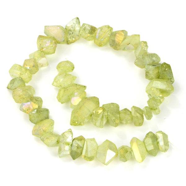 Natural Raw Crystal Quartz Nugget Drilled Gemstone Beads, Peridot Green AB Titanium Coated Stone Nuggets, 15 Inch, GA-B10