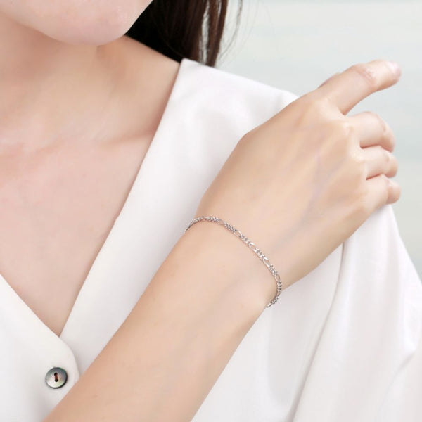 1pc 925 Sterling Silver 2mm Diamond-Cut Figaro Chain Bracelet, Tarnish Resistant White Gold Plated, Length Selections: 7 inch/7.5 inch/8 inch