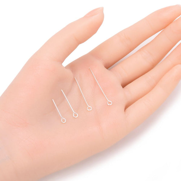 200pcs Eye Pins Eyepins, Sterling Silver Plated Brass, 0.7mm/21 Gauge, Length Selections: 22mm/26mm/30mm/38mm/50mm