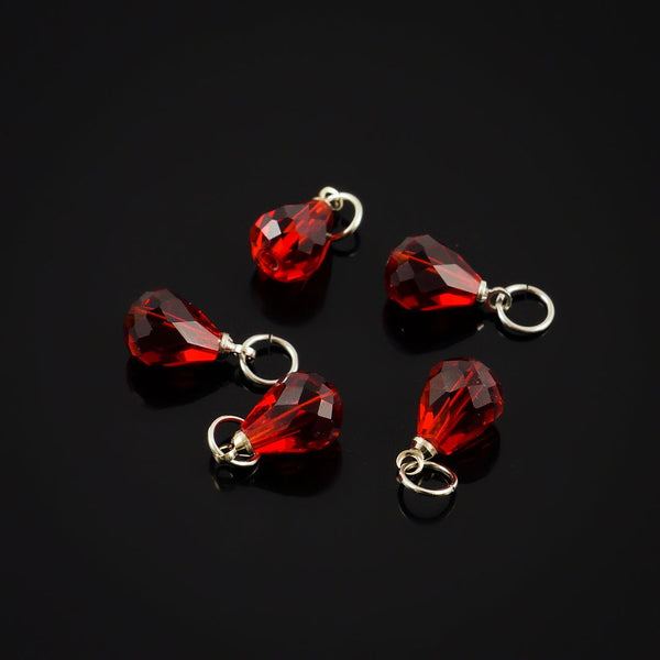5pcs January Birthstone Charm Drops, 10mm Red Austrian Teardrop Crystal Beads, Sterling Silver Plated Open Jump Rings, BR6-1