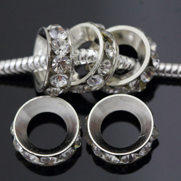 50pcs Grade A Large Hole Crystal Rhinestone Rondelle Beads, Sterling Silver Plated Brass, 10mm, Hole ID 5.5mm, CF5-10