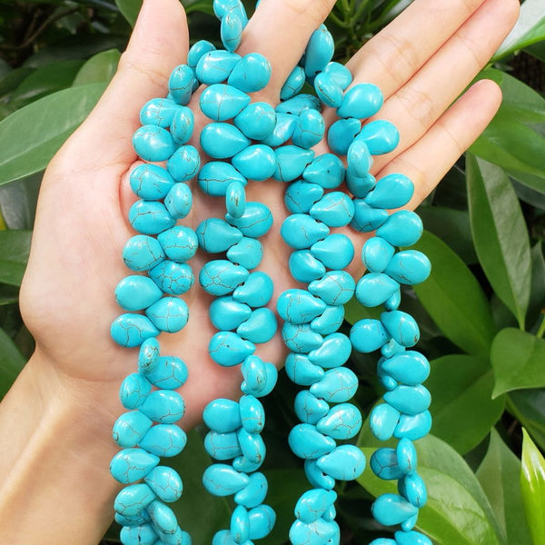 15 Inch Natural Turquoise Blue Howlite Gemstone Teardrop Briolette Drop Beads, Top Drilled, 14x10mm, Hole ID 1mm, GR-T1