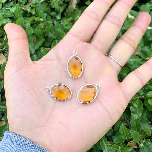 10pcs Grade A November Topaz Yellow Oval Birthstone Charm Drops, Sterling Silver Plated Brass, 18x13mm, CCP6-S11