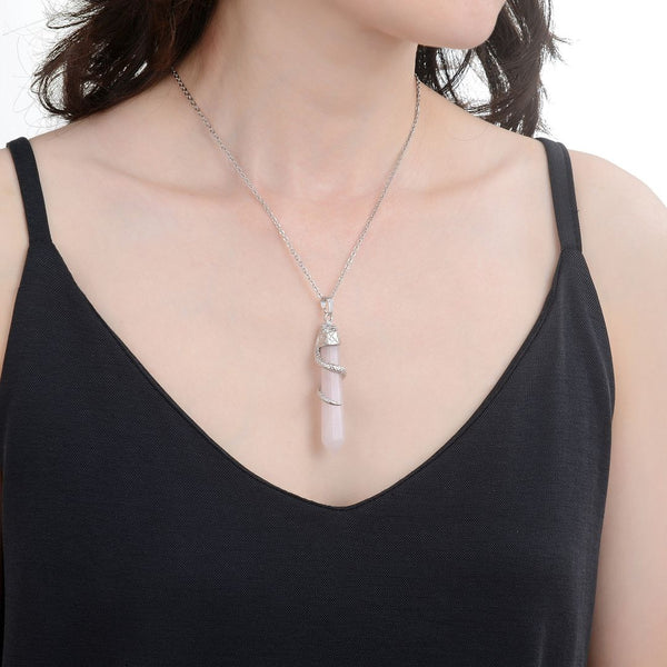1pc Natural Pink Rose Quartz Hexagonal Pile Gemstone Pendant Necklace, 18 Inch Surgical Stainless Steel Chain, GGP-D8