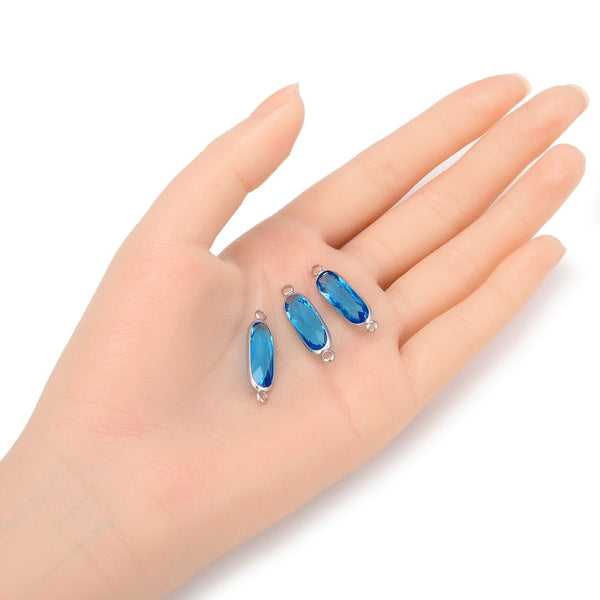 10pcs Grade A March Aquamarine Blue Rectangle Bar Birthstone Links, Sterling Silver Plated Brass, 21x7mm, CCP9-S3