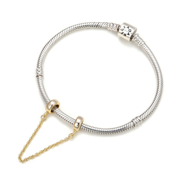 1pc Real Yellow Gold Plated Sterling Silver Safety Chain Lock Clip Rubber Charm Holder Bead Stopper, Compatible with Pandora All Other 3mm Charm Bracelet, EC28-A2