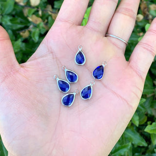 10pcs Grade A September Sapphire Blue Teardrop Birthstone Charm Drop, Sterling Silver Plated Brass, Size Selections: 11x7mm, 14x8mm, 16x9mm