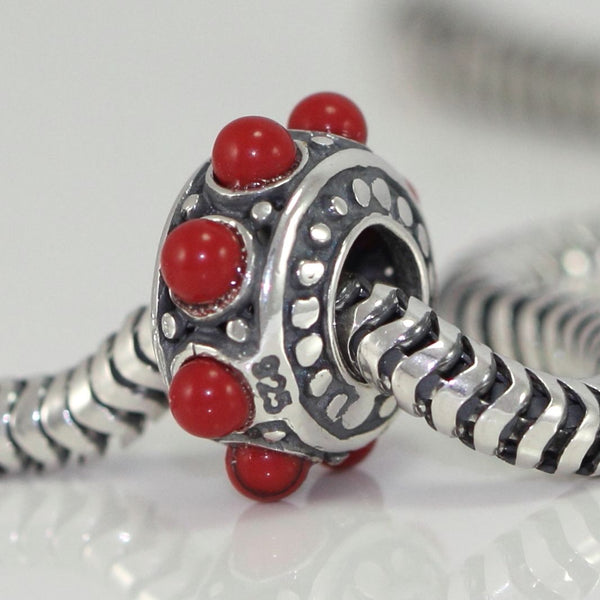 1pc Solid 925 Sterling Silver Flower Charm Lucky Red Stone Bead, Compatible with Pandora All Other Charm Bracelet, EC179