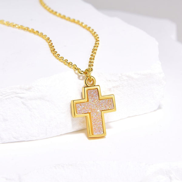 1pc Natural Druzy Crystal Pendant Necklace, Clear AB Cross Drop Small Gemstone Pendant, 18 inch Gold Plated Stainless Steel Chain, GGP20-5