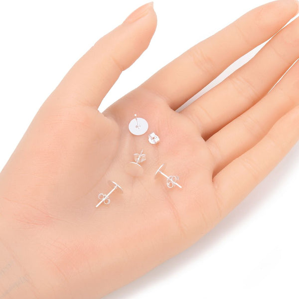 4 Pairs 925 Sterling Silver Earring Posts, Glue On Flat Board, 0.7mm/21 Gauge Pin, 8pcs Earring Backs, Flat Board Selections: 3mm/4mm/6mm/8mm