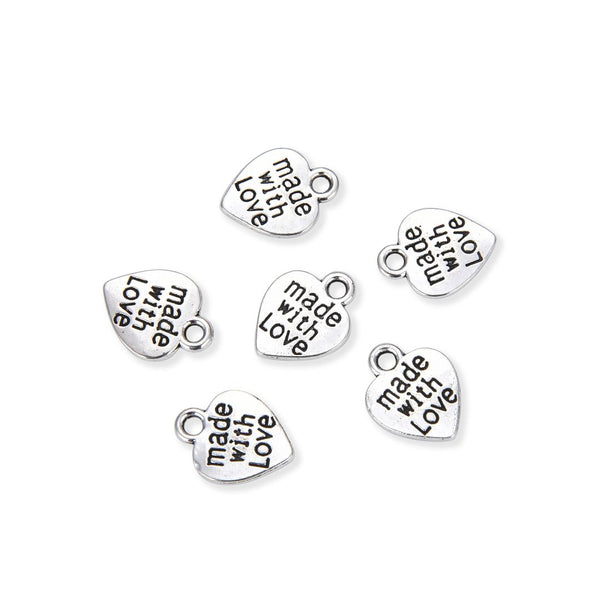 20pcs Made with Love Heart Charms, 12.6mm Small Double Sided Heart Drop Pendants, Antique Silver, MC-D15