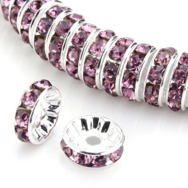 100pcs AAA Grade Rhinestone Rondelle Beads, Sterling Silver Plated Brass, Amethyst Purple Rhinestone, Color Selections: 5mm/6mm/8mm/10mm/12mm
